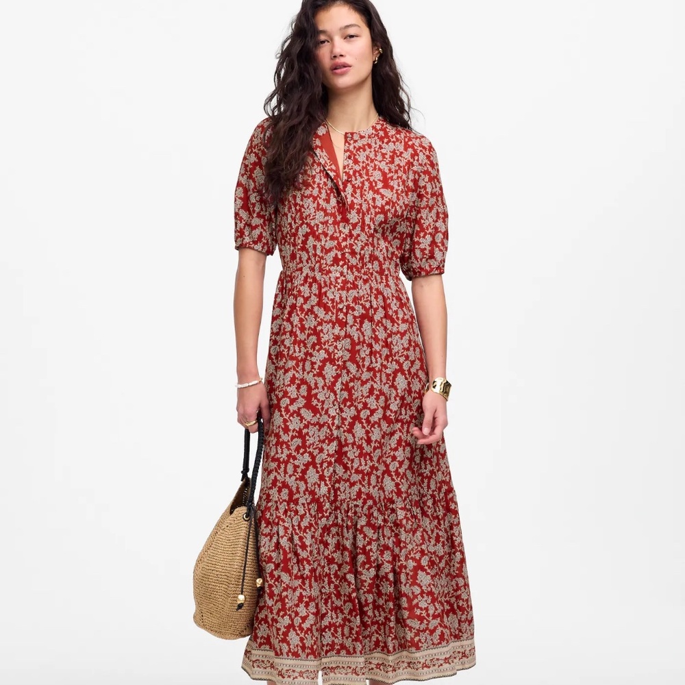 Madewell Pintucked Puff-Sleeve Midi Dress in Floral Size 8